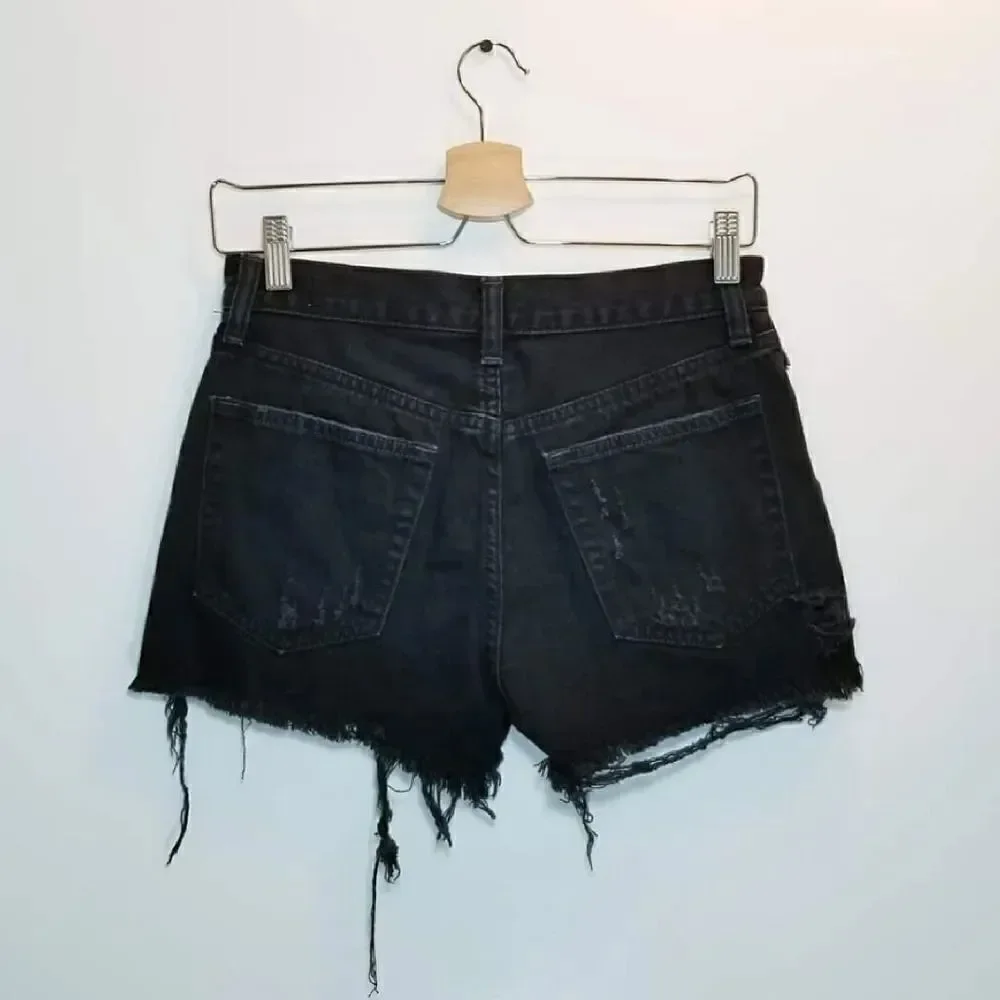 We The‎ FREE PEOPLE Black Sofia Distressed High Waist Jean Shorts Size 30